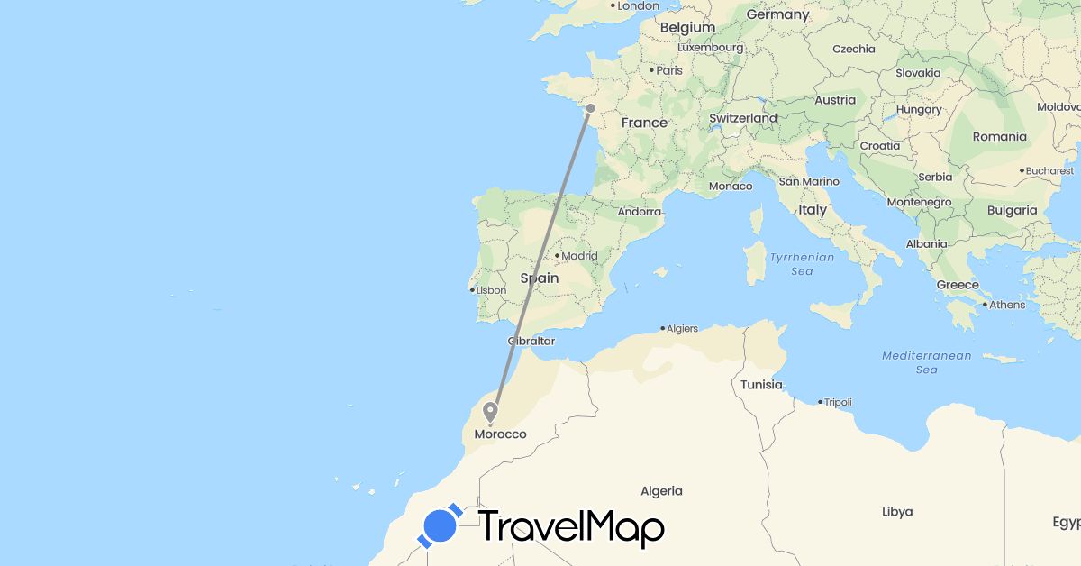 TravelMap itinerary: driving, plane in France, Morocco (Africa, Europe)